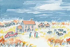 Untitled - Cows in Suburbia by Janet Mitchell, watercolour on paper, sold Apr 2009
