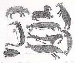 Peter Aliknak, Sea Beasts and Bear #42/50, 1963, etching on paper