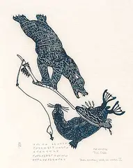 Tivi Etok, Bear Hunting Scene in Water II #11/50, 1976, relief print on paper