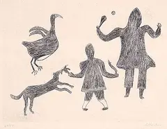Timothy Ottochie, Untitled - Two Hunters and Animals #28/50, 1962, etching on paper