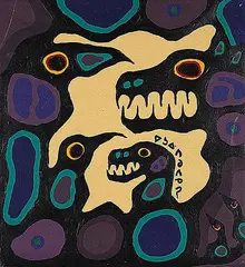 Norval Morrisseau, Untitled - Thunderbirds and Bird Family on Yellow Background, 1974, acrylic on canvas