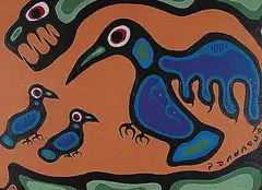 Norval Morrisseau, Untitled - Thunderbirds and Bird Family on Brown Background, 1974, acrylic on hard board