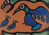 Norval Morrisseau, Untitled - Thunderbirds and Bird Family on Brown Background
