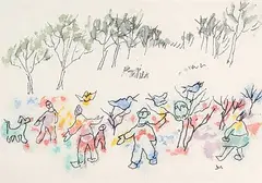 Janet Mitchell, Untitled - People, Birds and a Dog, watercolour on paper
