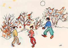 Janet Mitchell, Untitled - Three People and Three Birds, watercolour on paper