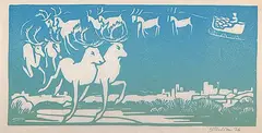 Margaret Shelton, Santa Claus, Reindeer, 1976, lino block on paper