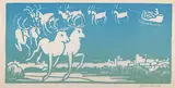 Santa Claus, Reindeer by Margaret Shelton, 1976, lino block on paper, sold Dec 2008