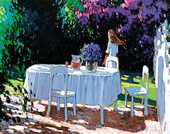 André Bertounesque, L'apero [Cocktail Time], oil on hard board