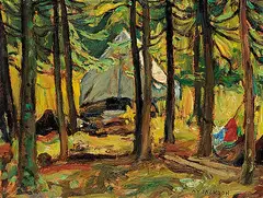 A. Y. Jackson, Tom Thomson Day, End of Wigwam Bridge Camp Ahmek, 18 July '64, 1964, oil on wood board
