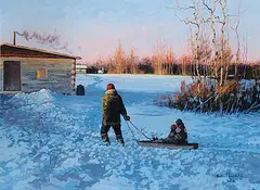 Michael Lonechild, Untitled - A Long Day Sledding, acrylic on canvas