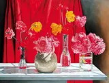 Robert Lemay, Poppies and Begonias with Red Drapery, 2003, oil on canvas