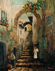 Henry J. Billings, Street of Stairs, oil on canvas board