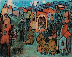 Joseph Kostka, Untitled - Gathering in the Village, oil on canvas