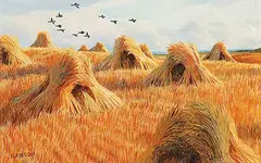 Isabel Levesque, Untitled - Harvest Stooks, acrylic on wood board