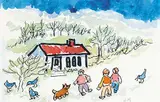 Untitled - 1 Dog, 3 Kids and 4 Birds by Janet Mitchell, watercolour on paper, sold Nov 2008