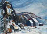 Lawrence Nickle, Barn Near Gross Cap, Algoma, Sault Ste. Marie Dist., 1969, oil on wood board