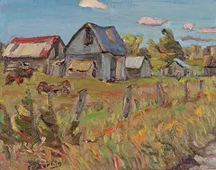 Ralph Wallace Burton, Group of Barns South of Prospect, Ont., 1970, oil on hard board