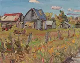 Ralph Wallace Burton, Group of Barns South of Prospect, Ont., 1970, oil on hard board