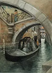 Frederick Simpson Coburn, The Gondola is the Centre of Everything; It is Venice and a Living Creature Besides, 1912, watercolour and mixed media on paper