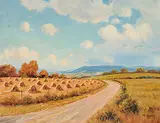 Untitled - The Stooks by the Road by Roland Gissing, oil on canvas, sold Apr 2008