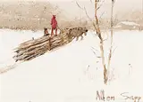 Untitled - Carrying Logs for Winter by Allen Sapp, acrylic on canvas, sold Apr 2008