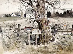 Tinyan Chan, Untitled - Mailboxes and Farm, watercolour on paper
