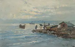 Angelo Cannone, Untitled - Unloading the Boats, oil on canvas board