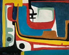 Marion Florence Nicoll, Fishing Boats, Naxos, 1959, oil on canvas board