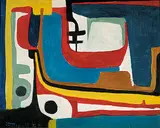 Marion Florence Nicoll, Fishing Boats, Naxos, 1959, oil on canvas board