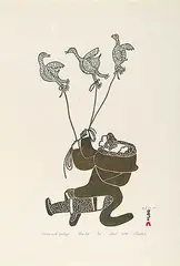 Pitseolak Ashoona, Woman with Goslings #2/50, 1974, colour stonecut on paper