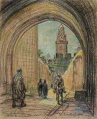 Frank Armington, Tower of the Church of the Dormition, Jerusalem, 1936, mixed media on paper