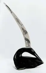 Kiugak Ashoona, Untitled - Bird and Tusk with Scrimshaw, green stone and ivory carving