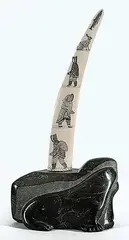 Davidee Itulu, Untitled - Three Seals with Tusk and Scrimshaw, 1976, green stone with bone