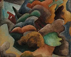 Kenneth Loveless, Untitled - Homes in the Hills, 1948, oil on wood board