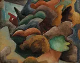 Kenneth Loveless, Untitled - Homes in the Hills, 1948, oil on wood board
