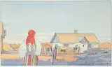Manitoba Farmstead by Walter J. Phillips, 1934, colour wood block on paper, sold Nov 2007
