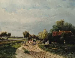 Paul Joseph Constantine Gabriel, Untitled - A Cattle Wagon on a Road at Dusk, 1859, oil on canvas