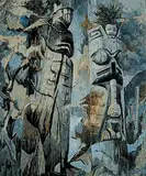 Nell Mary Bradshaw, Eagle Poles of the Haidas, oil on hard board