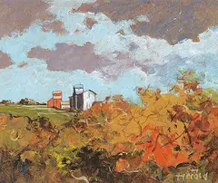 Prairie Elevators, Saskatchewan by Hans Herold, 1977, oil on wood board, sold Nov 2007