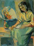 Ann Robertson, Untitled - Lady Reading, oil on wood board