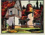 BSH Golf Clubhouse by Margaret Shelton, 1941, hand coloured lino block on paper, sold Nov 2007