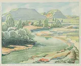 Margaret Shelton, Robin Hood Hills, Drumheller Valley #52/100, 1942, wood block in eight colours on paper