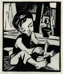 Ellen Rosalie Simon, Untitled - Boy with Blocks, lino block on paper