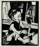 Ellen Rosalie Simon, Untitled - Boy with Blocks, lino block on paper