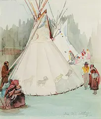Ina D.D. Uhthoff, Untitled - Teepees and Families, watercolour on paper