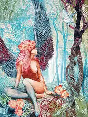 Mikuláš Kravjanský, Untitled - Winged Lady and Dove #A.P. X/XII, 1981, hand coloured etching, embossing and collage on paper