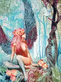 Mikuláš Kravjanský, Untitled - Winged Lady and Dove #A.P. X/XII, 1981, hand coloured etching, embossing and collage on paper