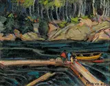 Ernva Willard Code, Untitled - Boaters on Dock Mooring Boat, oil on wood board