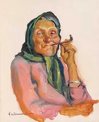Nicholas Raphael de Grandmaison, Untitled - Lady with a Pipe, oil on canvas board