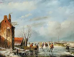 Simon Zimmerman, Untitled - Winter Landscape with Skaters, oil on wood board